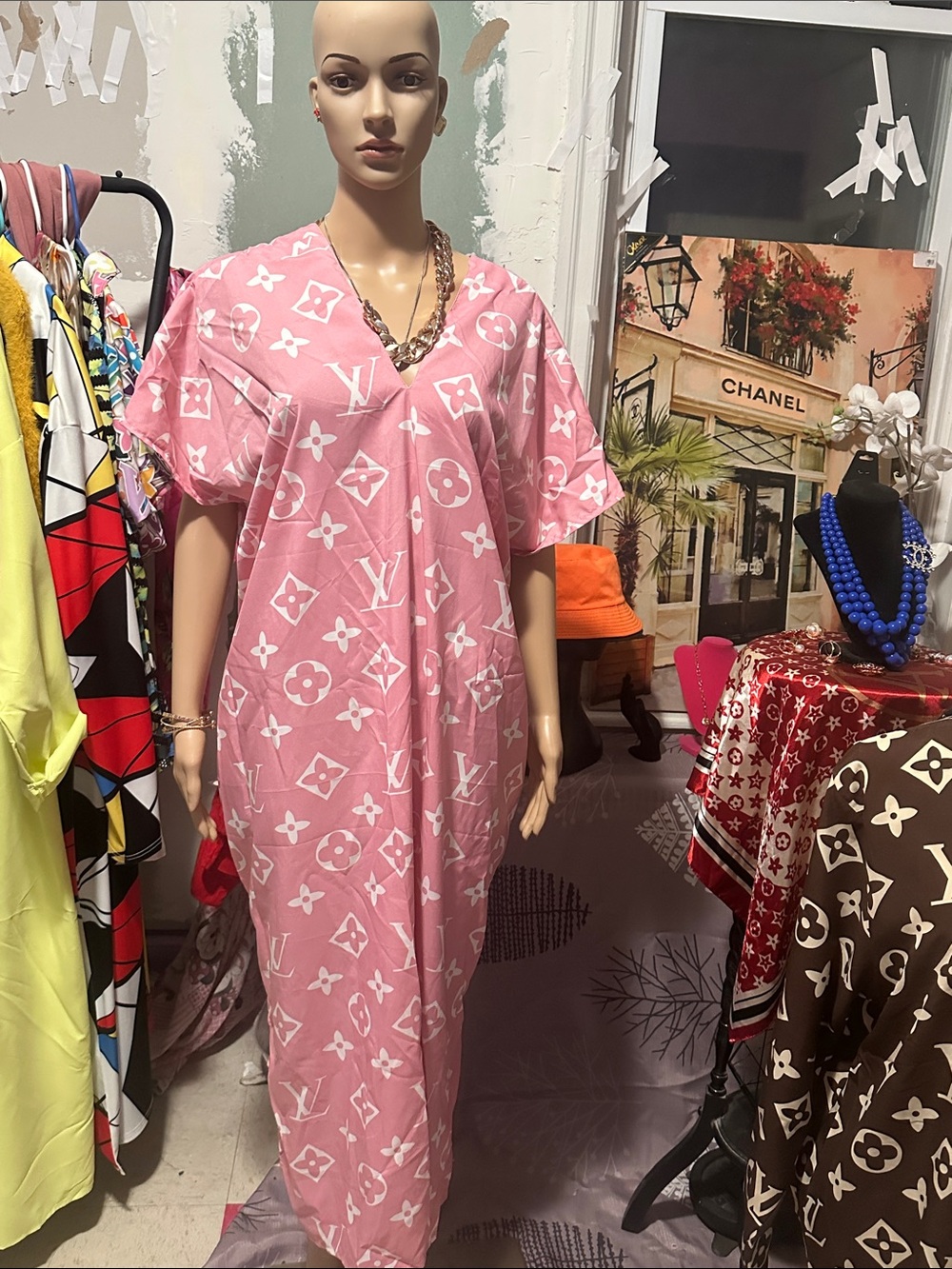 Pink Logo-Print V-Neck Maxi Dress